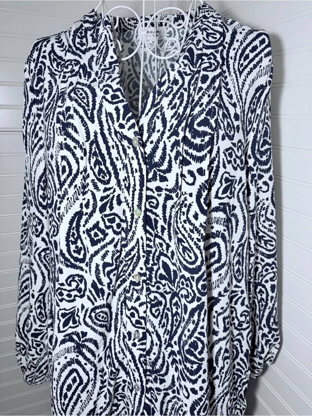 Navy & White Paisley Long Sleeve Tiered V-Neck Dress by